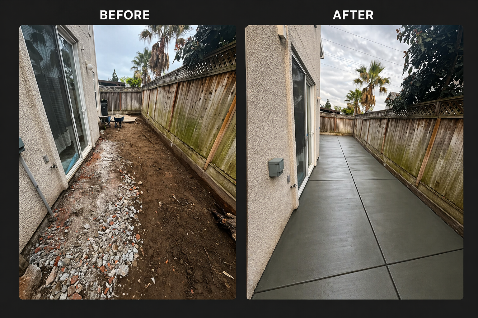 Before and after concrete patio installation in Monterey County backyard